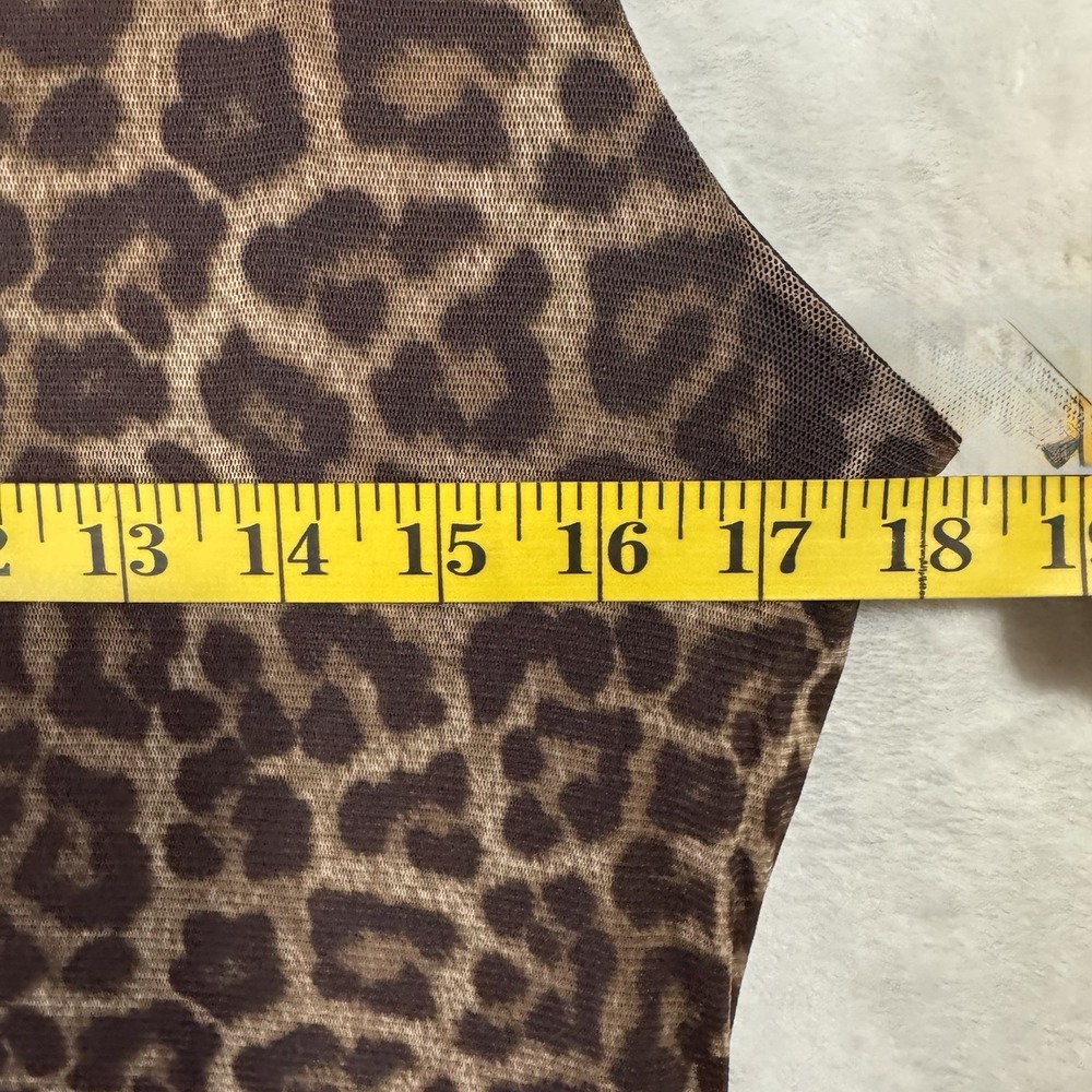 T Tahari Leopard Print Dress Size M V Neck Mesh Knit Sleeveless Flare Asymmetric - Picture 13 of 16
